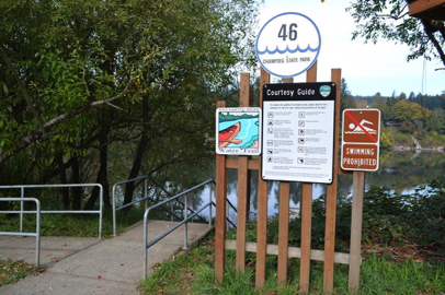 Stairway/ramp to boat dock – Willamette River Water Trail mile 46 – courtesy guide – swimming prohibited sign